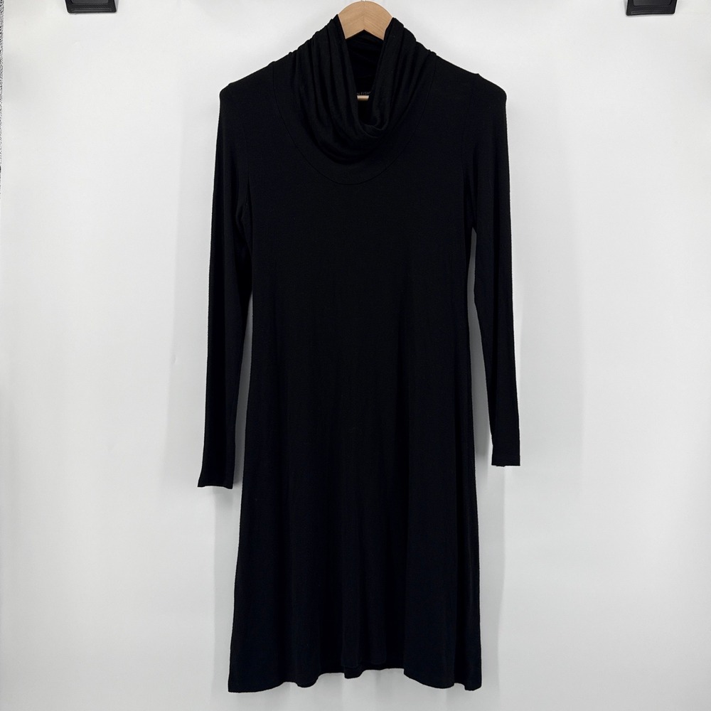 Eileen Fisher Black Viscose Jersey Cowl‎ Neck Dress Small Long Sleeve Shift